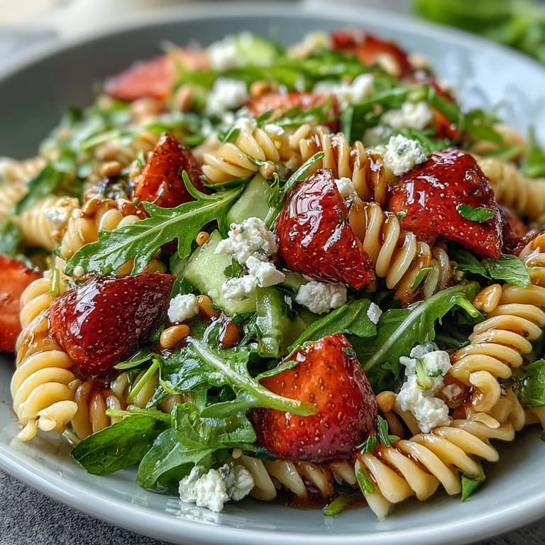 Colorful pasta salad featuring juicy strawberries, creamy feta, and peppery arugula, perfect for a light Mediterranean-inspired lunch.