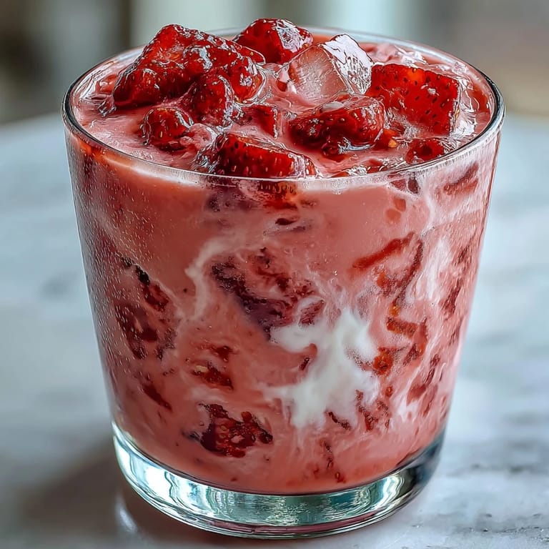 Two tall glasses filled with a frothy pink drink, featuring fresh strawberries and ice, perfect for a fruity summer treat.
