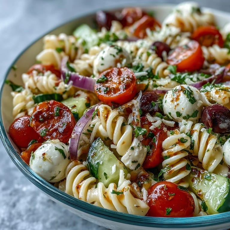Easy pasta salad featuring al dente noodles, crisp veggies, and creamy mozzarella in Italian dressing.