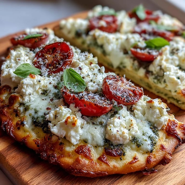 This Viral Cottage Cheese Flatbread bursts with melted pesto, juicy tomatoes, and basil.