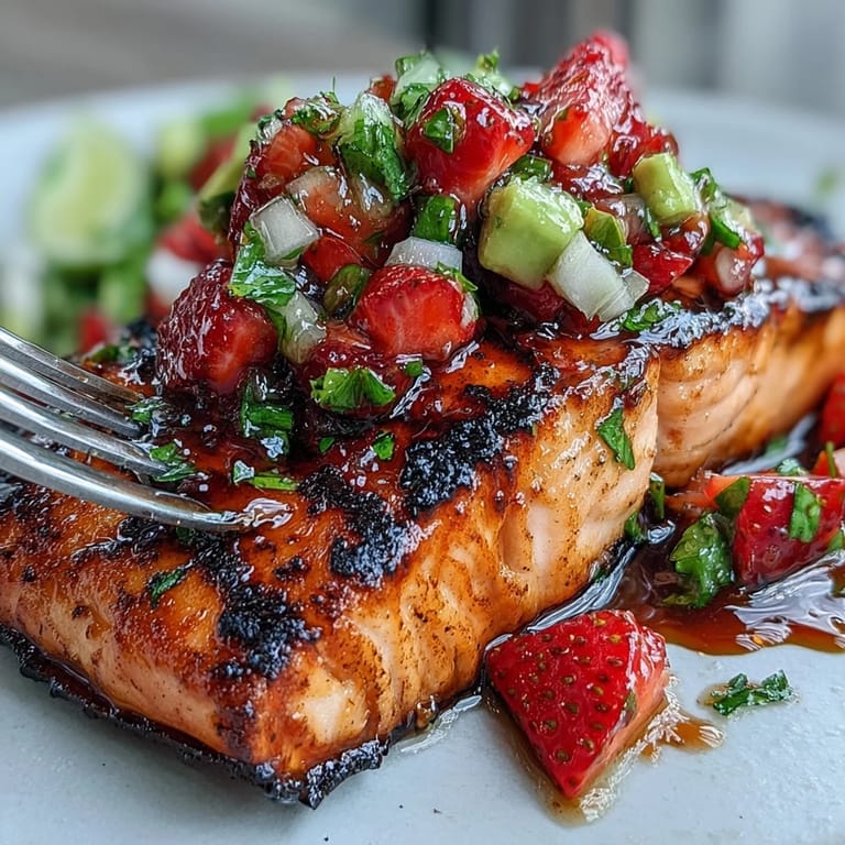 Flaky grilled salmon finished with a colorful, zesty strawberry avocado salsa topping.