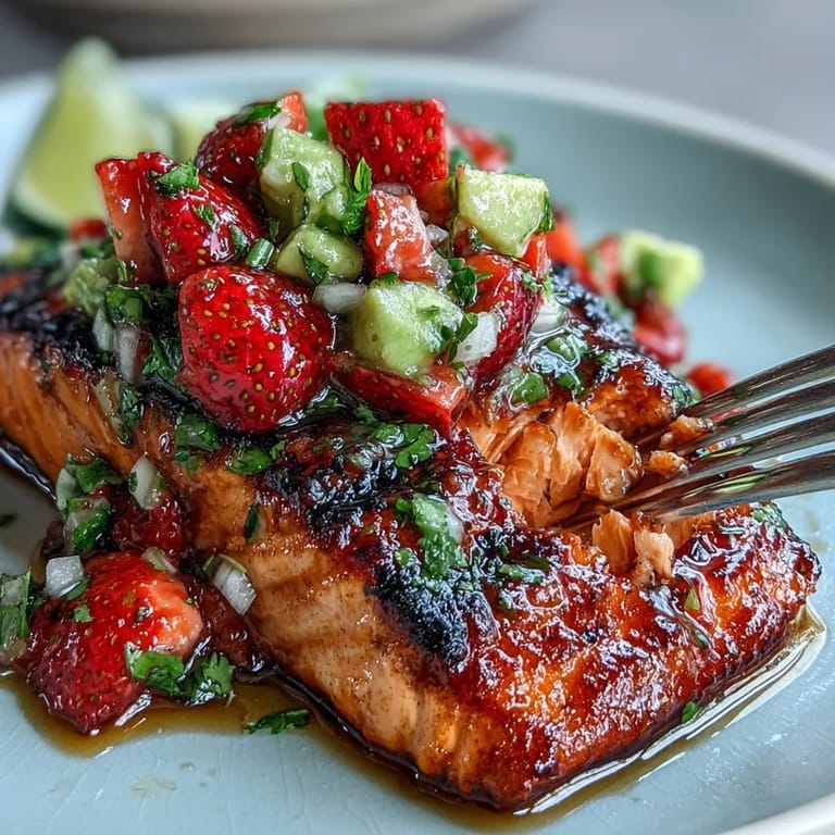 Juicy grilled salmon, vibrant strawberry avocado salsa, a flavorful, fresh main course.