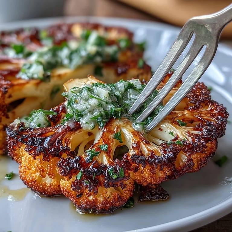 Juicy, grilled BBQ Cauliflower Steaks glistening with a zesty herbaceous sauce.