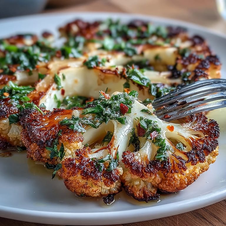 Charred BBQ Cauliflower Steaks ready to serve, heaped with flavorful chimichurri.