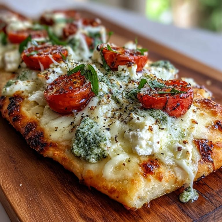 Golden, cheesy flatbread topped with bright pesto, ripe tomatoes, ready to be devoured.