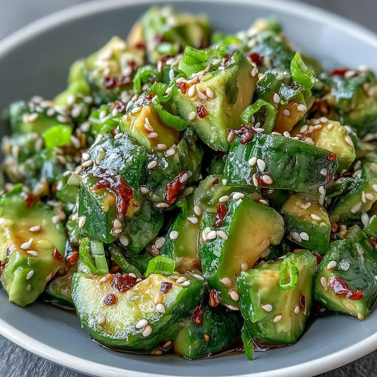 Fresh smashed cucumber and avocado salad with crunchy sesame seeds.