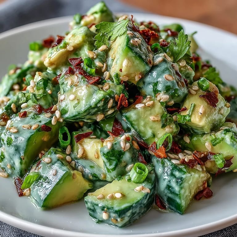 Delicious smashed cucumber and avocado salad, a perfect cool and crunchy side.