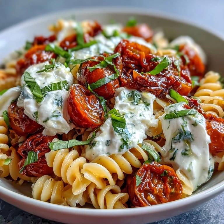 Generous Summer Caprese Pasta with burrata, fresh basil, and ripe tomatoes.