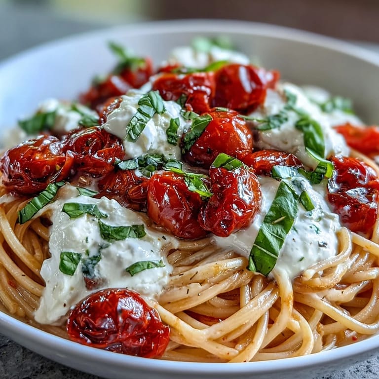 A bursting bowl of Summer Caprese Pasta, highlighting burrata's luscious creaminess.