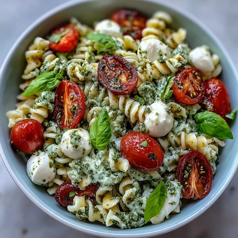 Pesto Mozzarella Pearls Salad: Easy, fresh Italian flavors perfect for a light lunch.