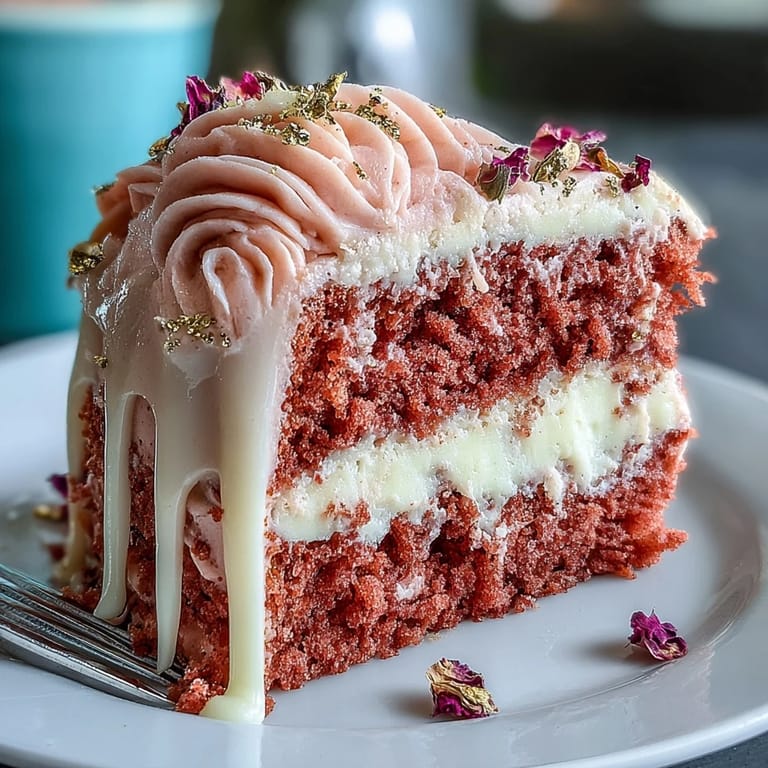Close-up of Bridal Shower Rosé Velvet Cake, highlighting smooth frosting and shiny gold drizzle.