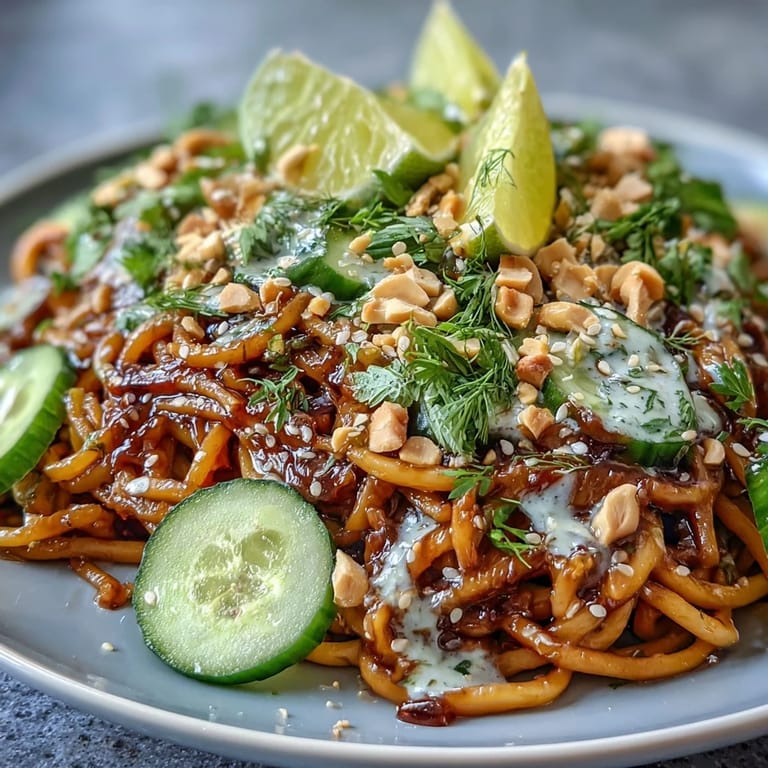 Chilled sesame noodles with peanut sauce, cucumber, and crunchy peanuts.