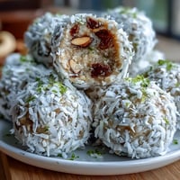 Vibrant vegan energy balls with coconut, lime, and cashews, rolled in shredded coconut for a tropical snack.