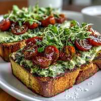 Vibrant avocado pesto sourdough toast topped with cherry tomatoes and microgreens, perfect for a healthy breakfast or brunch.