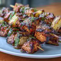 Honey-lime grilled chicken skewers with zucchini and pineapple, showcasing tender marinated chicken, colorful veggies, and juicy fruit on the grill.