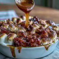 Candied yams with marshmallows and vanilla, golden and bubbling in a baking dish, perfect for holiday dinners.  