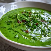 Vibrant green spinach and white bean soup with broccoli, zucchini, and fresh herbs in a cozy bowl, perfect for a nourishing vegetarian meal.
