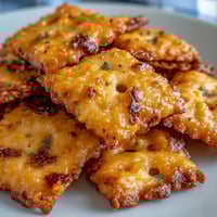 Spicy sourdough Cheez-Its with jalapeño and smoked paprika, golden and crispy, perfect for a zesty snack.