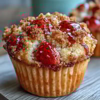 Strawberry muffins topped with golden crumble and lemon zest, baked until golden and fragrant for a perfect breakfast treat.  