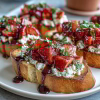Fresh strawberry and goat cheese bruschetta toasts with balsamic glaze, perfect for summer parties and light appetizers.