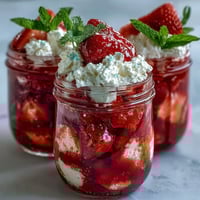 Fresh strawberry shortcake mason jar parfaits with layers of fluffy shortcake, ripe strawberries, and whipped cream.  