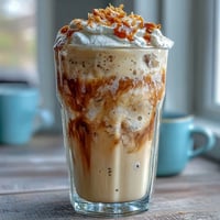 Iced Vanilla Bean Frappuccino with Toasted Coconut Foam: a creamy, chilled vanilla coffee drink topped with airy, lightly sweetened coconut foam and a sprinkle of golden toasted coconut.