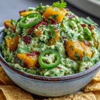 Creamy Cinco de Mayo guacamole with mango and jalapeño, perfect for festive snacking with chips