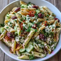 Greek pasta salad with olives and feta, a vibrant Mediterranean dish with fresh vegetables and tangy cheese.