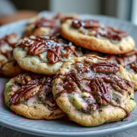 ALT image text: A batch of butter pecan cookies with caramel swirl, featuring golden edges and gooey caramel ribbons baked into each cookie.