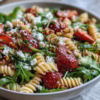 Vibrant spring pasta salad with strawberries, feta, and arugula, tossed in a honey-balsamic dressing for a fresh, tangy bite.