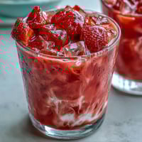 A vibrant pink refresher with strawberry slices, creamy coconut milk, and sweet lemonade, inspired by Pink Starburst candy.