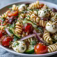 Vibrant summer pasta salad with Italian dressing, fresh vegetables, and mozzarella balls.  