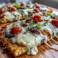 A golden, protein-rich cottage cheese flatbread pizza topped with melted mozzarella and fresh vegetables.