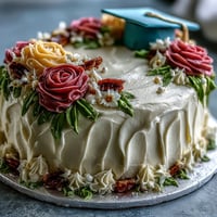 Festive sheet cake adorned with buttercream roses and an edible diploma, perfect for graduation celebrations.