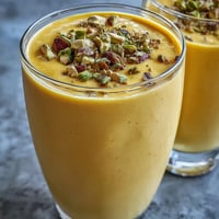 Creamy Mango Lassi Smoothie with cardamom, a cool tropical delight.
