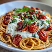 Summer Caprese Pasta with Burrata: creamy cheese atop vibrant tomatoes and basil.